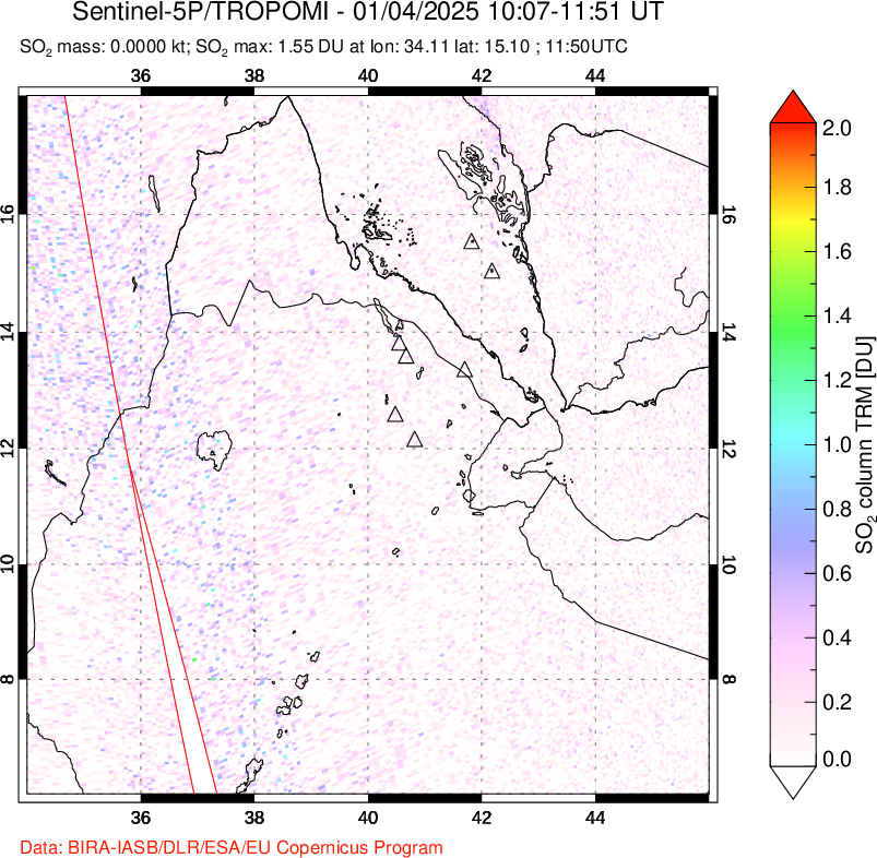 A sulfur dioxide image over Afar and southern Red Sea on Jan 04, 2025.