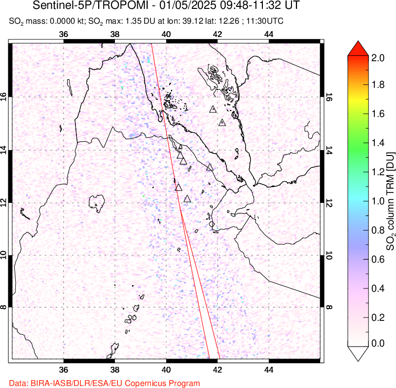 A sulfur dioxide image over Afar and southern Red Sea on Jan 05, 2025.