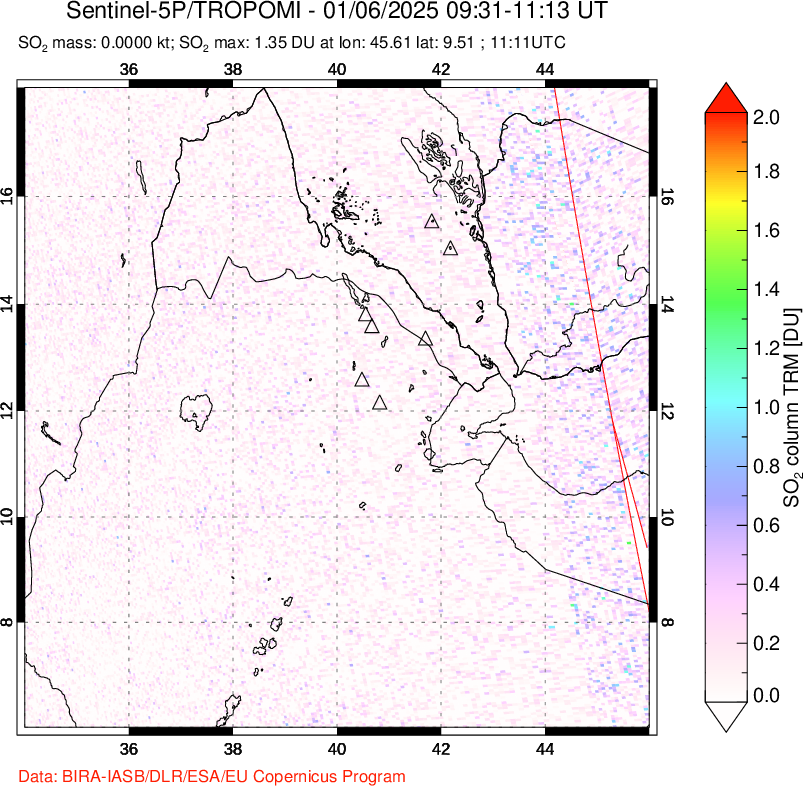 A sulfur dioxide image over Afar and southern Red Sea on Jan 06, 2025.