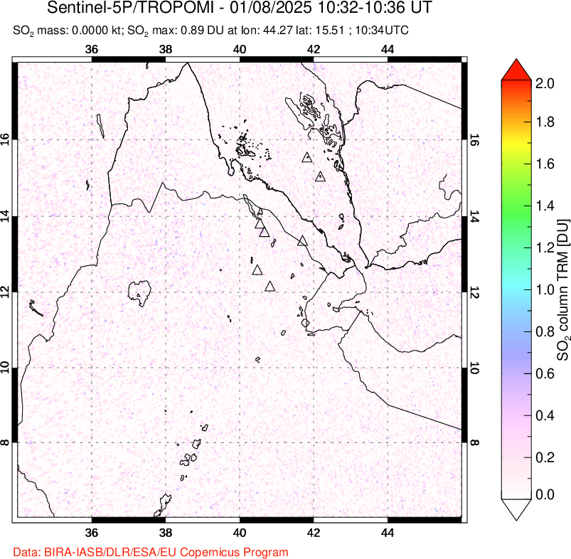 A sulfur dioxide image over Afar and southern Red Sea on Jan 08, 2025.