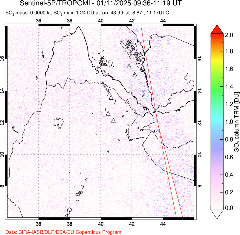 A sulfur dioxide image over Afar and southern Red Sea on Jan 11, 2025.