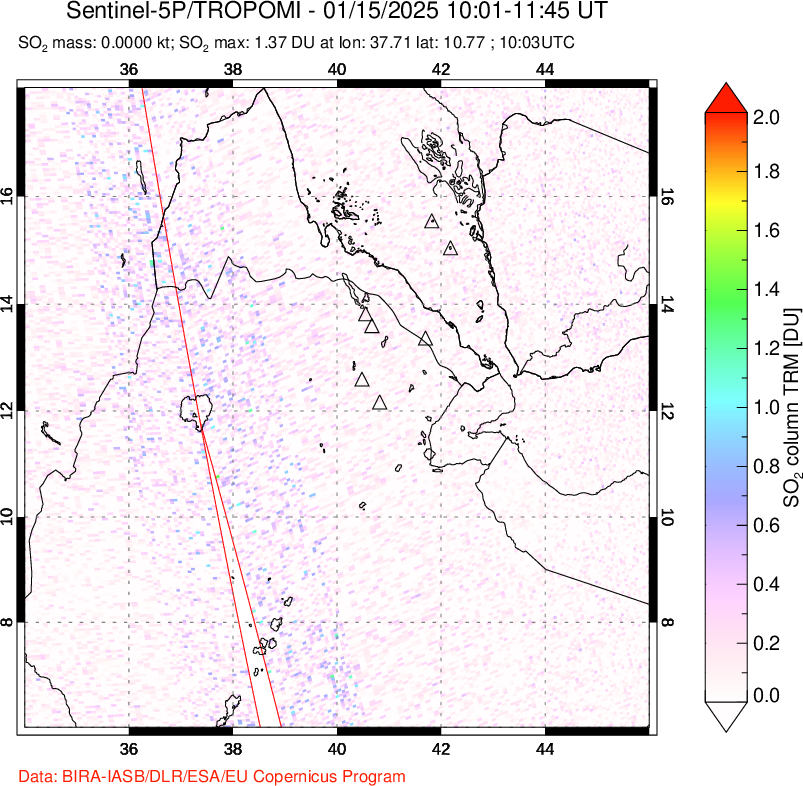 A sulfur dioxide image over Afar and southern Red Sea on Jan 15, 2025.