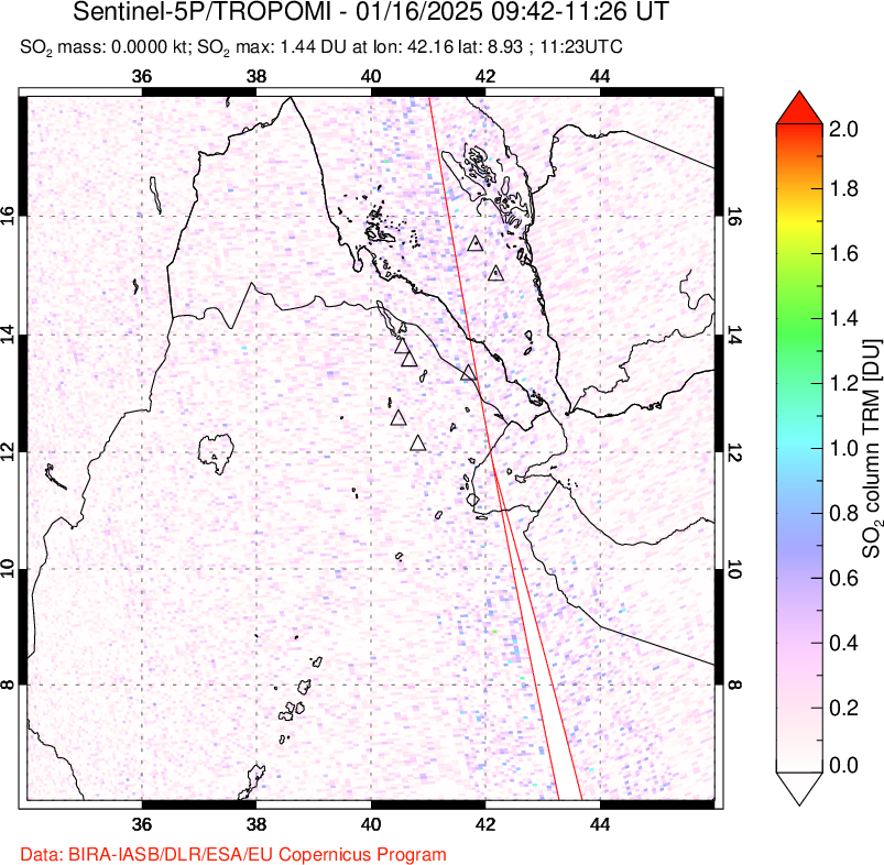 A sulfur dioxide image over Afar and southern Red Sea on Jan 16, 2025.