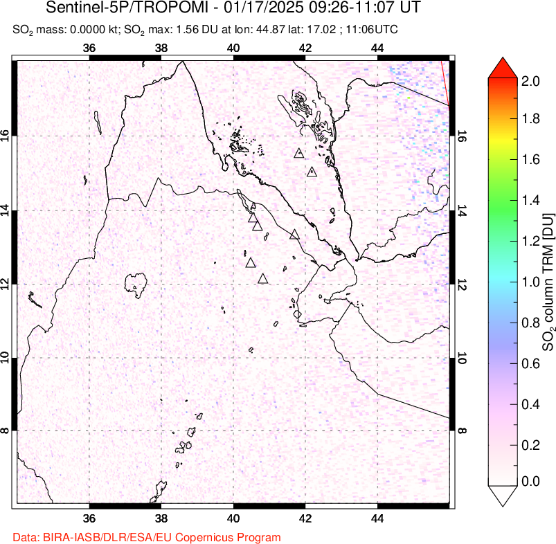 A sulfur dioxide image over Afar and southern Red Sea on Jan 17, 2025.