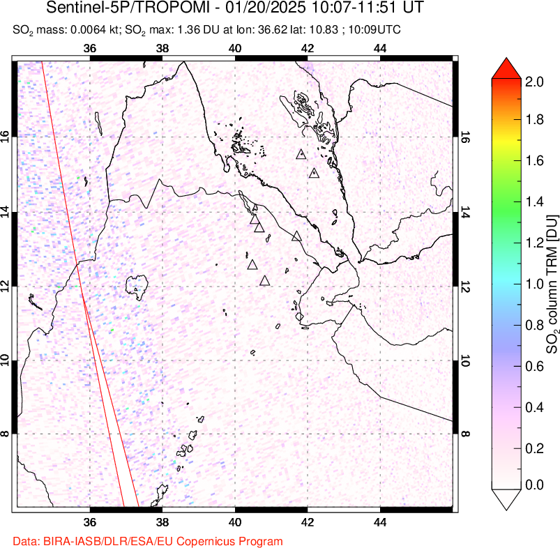 A sulfur dioxide image over Afar and southern Red Sea on Jan 20, 2025.