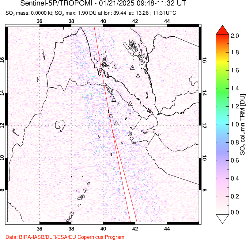 A sulfur dioxide image over Afar and southern Red Sea on Jan 21, 2025.