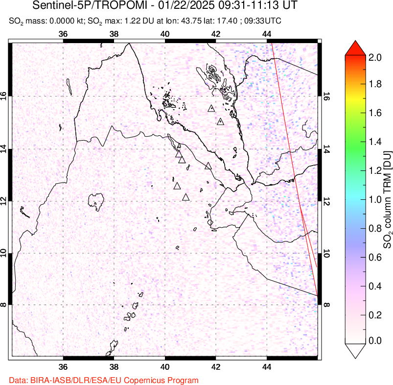 A sulfur dioxide image over Afar and southern Red Sea on Jan 22, 2025.