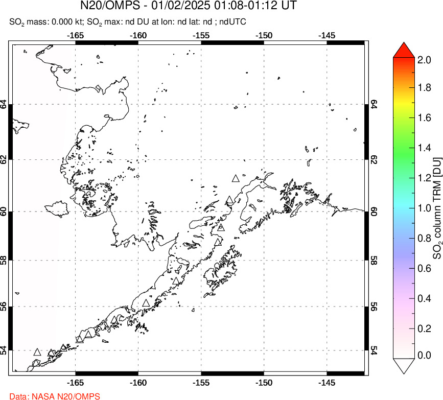 A sulfur dioxide image over Alaska, USA on Jan 02, 2025.