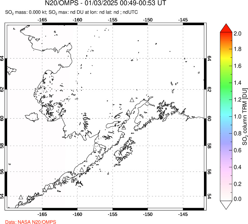 A sulfur dioxide image over Alaska, USA on Jan 03, 2025.