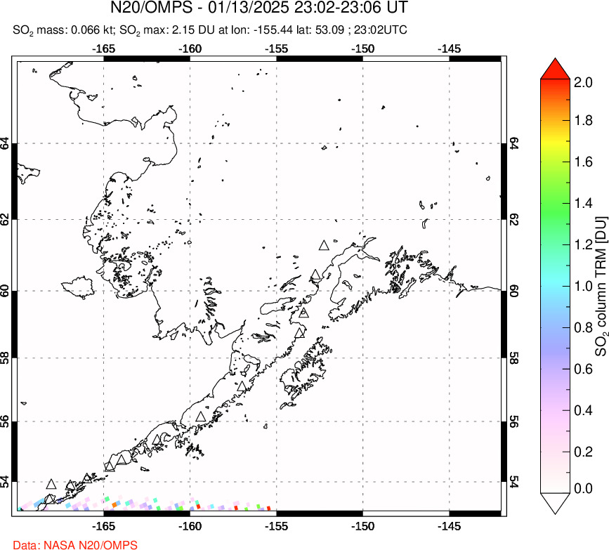 A sulfur dioxide image over Alaska, USA on Jan 13, 2025.