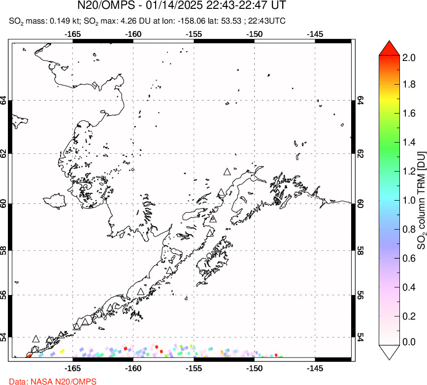 A sulfur dioxide image over Alaska, USA on Jan 14, 2025.