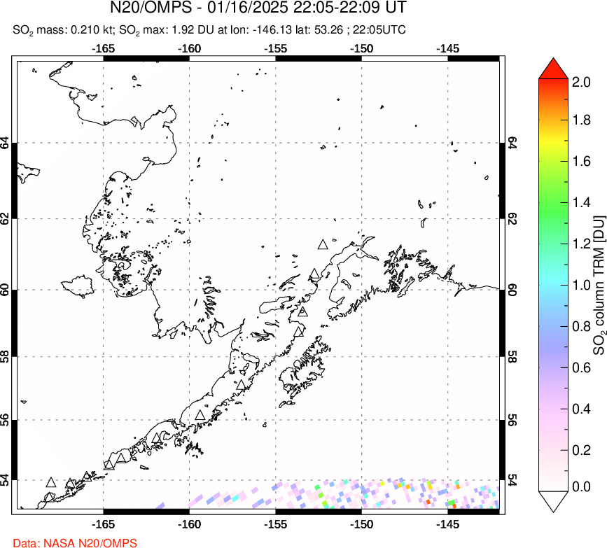 A sulfur dioxide image over Alaska, USA on Jan 16, 2025.