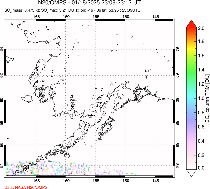 A sulfur dioxide image over Alaska, USA on Jan 18, 2025.