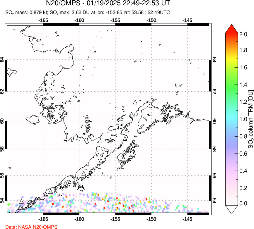 A sulfur dioxide image over Alaska, USA on Jan 19, 2025.