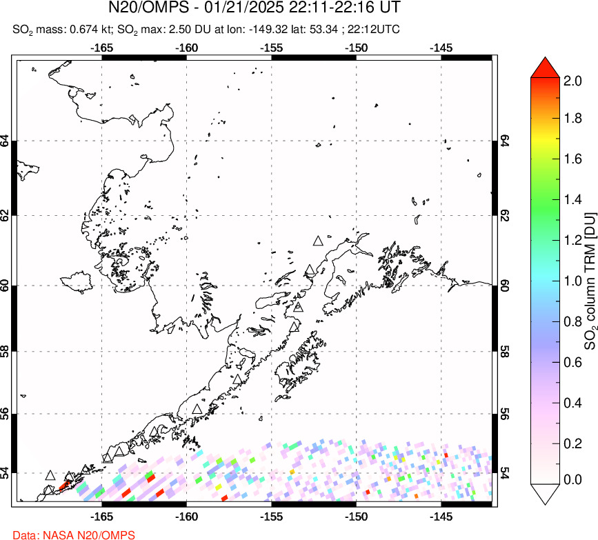 A sulfur dioxide image over Alaska, USA on Jan 21, 2025.