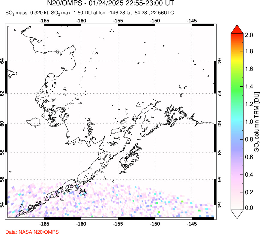 A sulfur dioxide image over Alaska, USA on Jan 24, 2025.