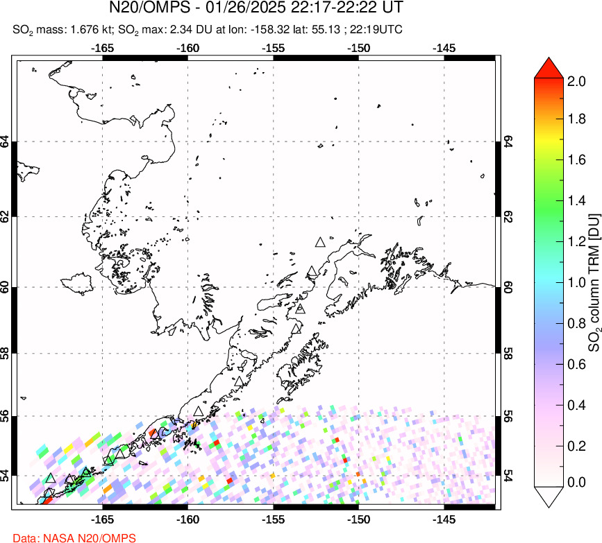 A sulfur dioxide image over Alaska, USA on Jan 26, 2025.