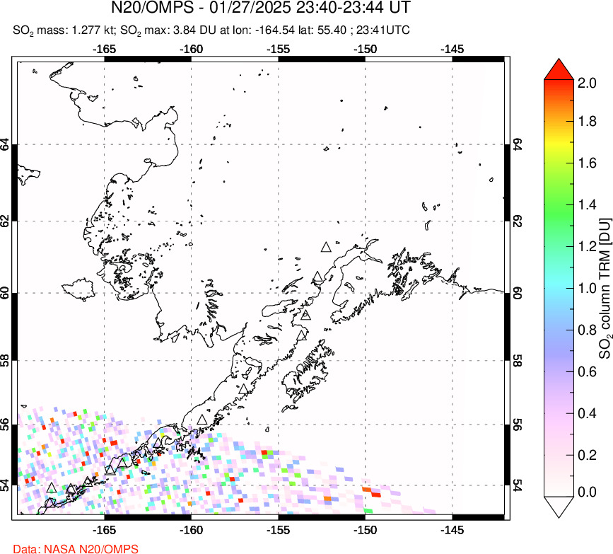 A sulfur dioxide image over Alaska, USA on Jan 27, 2025.