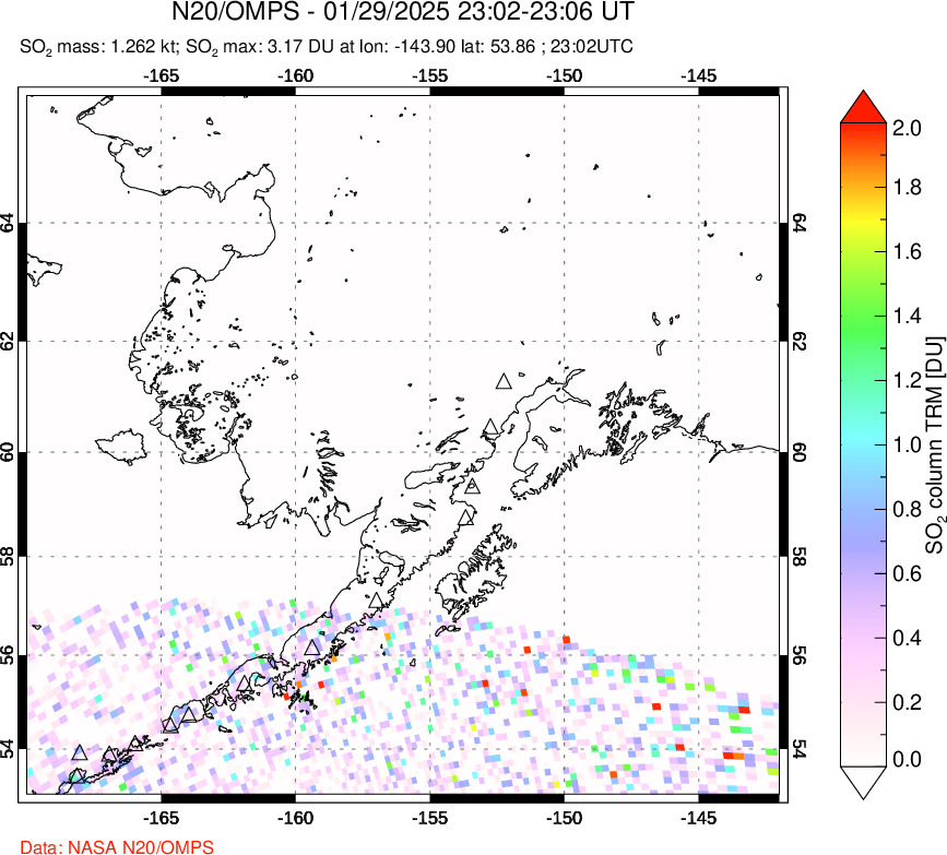 A sulfur dioxide image over Alaska, USA on Jan 29, 2025.