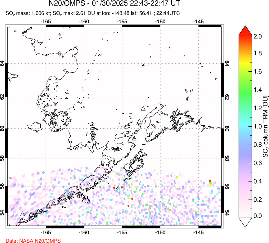 A sulfur dioxide image over Alaska, USA on Jan 30, 2025.