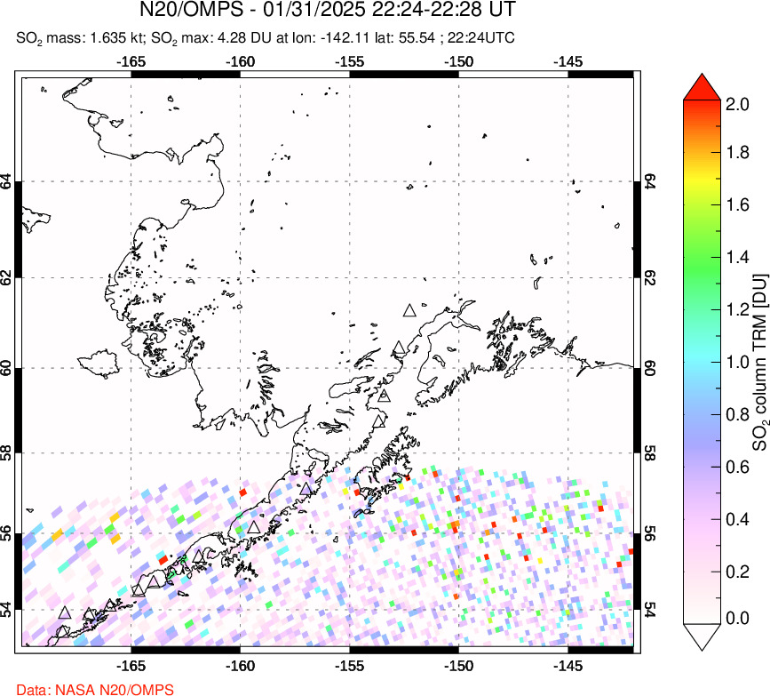 A sulfur dioxide image over Alaska, USA on Jan 31, 2025.