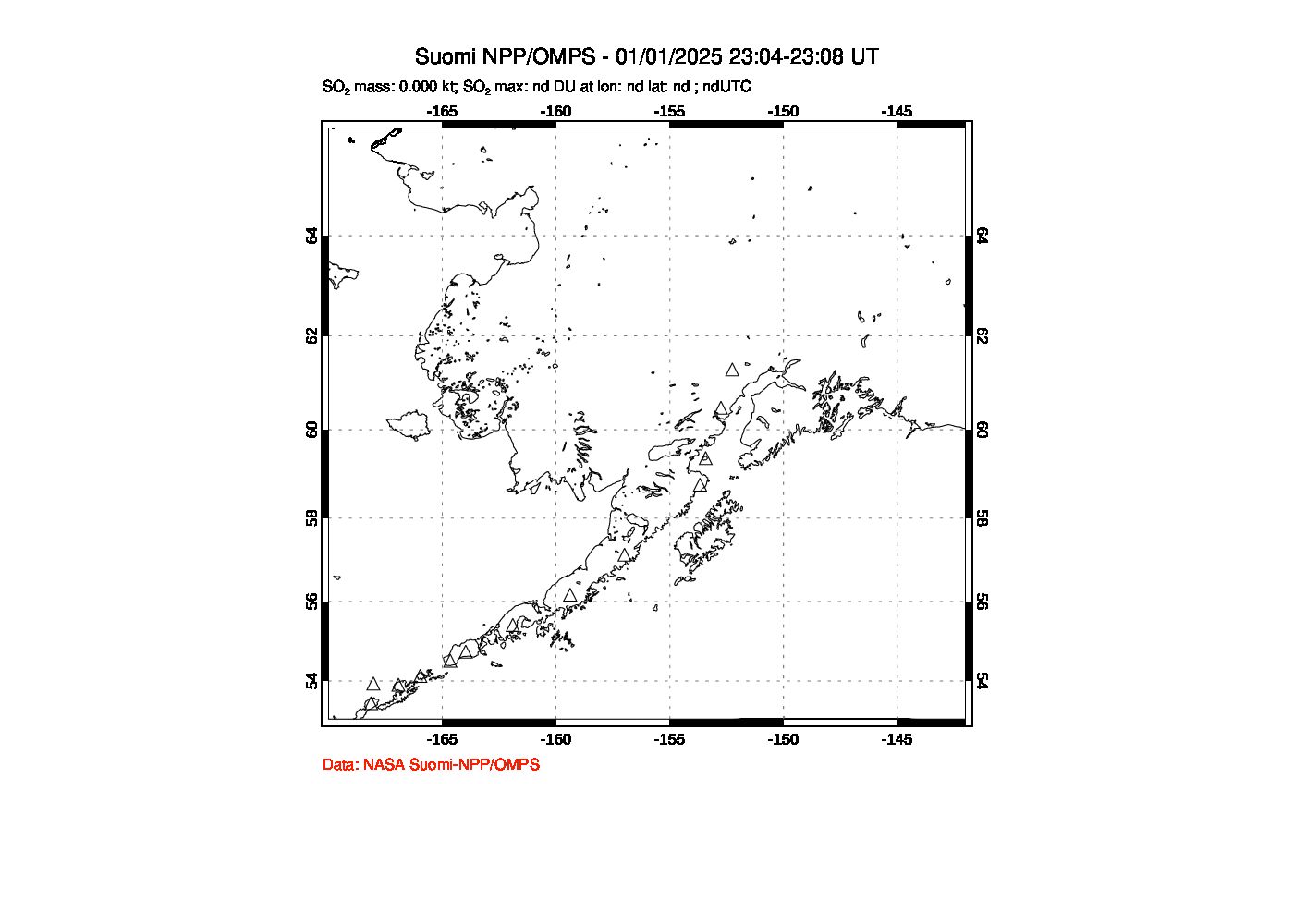 A sulfur dioxide image over Alaska, USA on Jan 01, 2025.