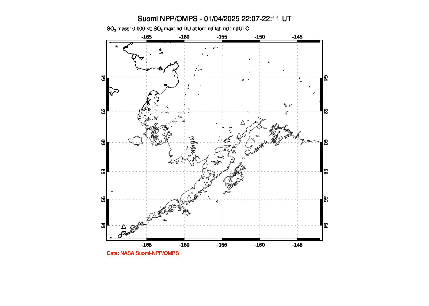 A sulfur dioxide image over Alaska, USA on Jan 04, 2025.