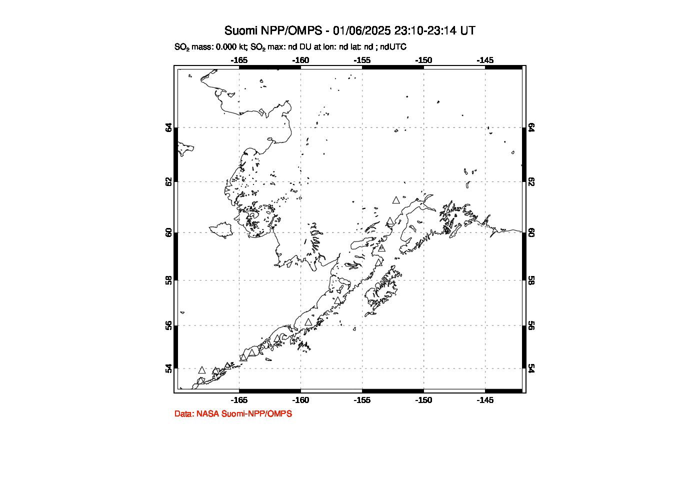 A sulfur dioxide image over Alaska, USA on Jan 06, 2025.