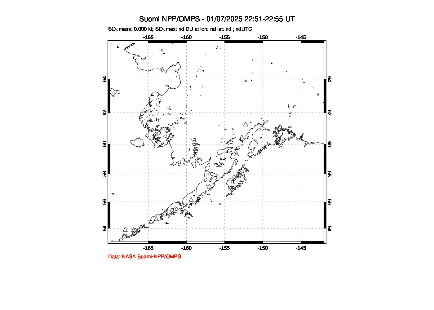 A sulfur dioxide image over Alaska, USA on Jan 07, 2025.