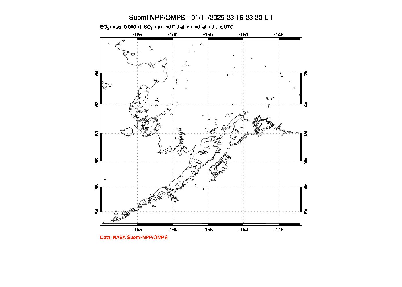 A sulfur dioxide image over Alaska, USA on Jan 11, 2025.