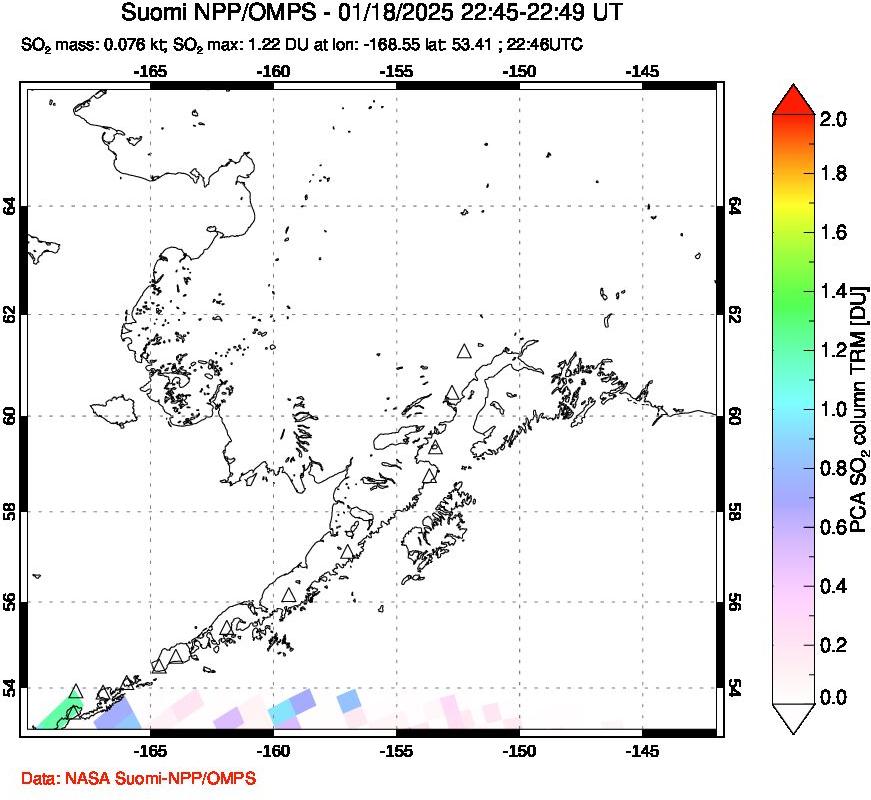 A sulfur dioxide image over Alaska, USA on Jan 18, 2025.