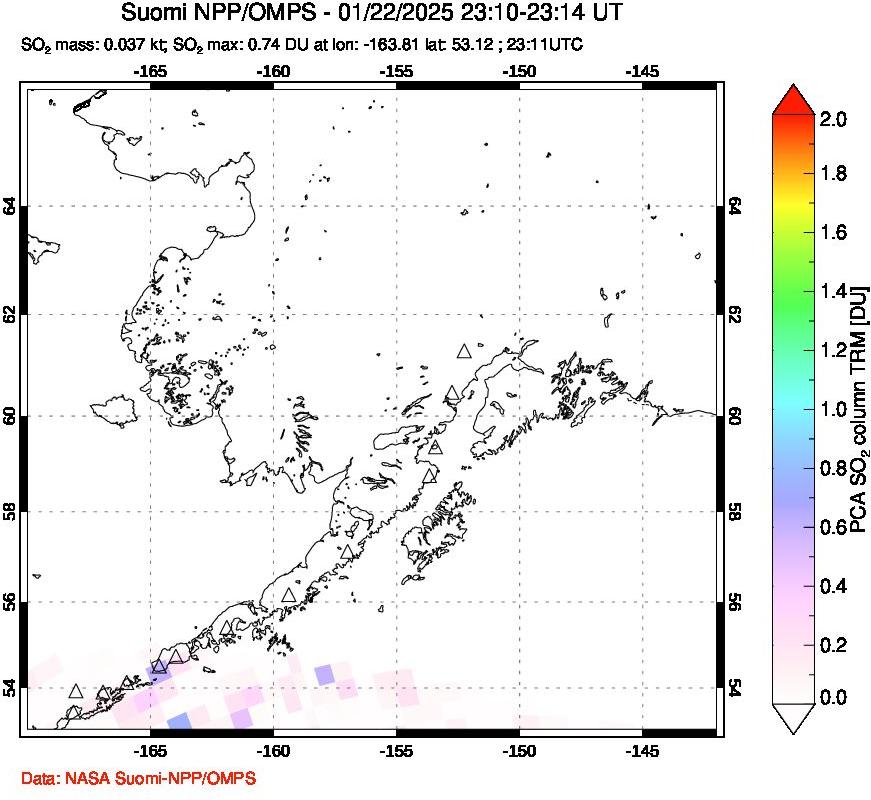 A sulfur dioxide image over Alaska, USA on Jan 22, 2025.