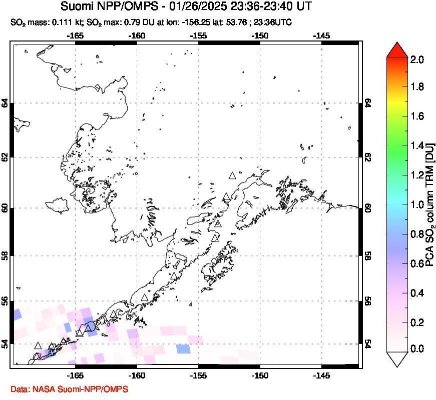 A sulfur dioxide image over Alaska, USA on Jan 26, 2025.