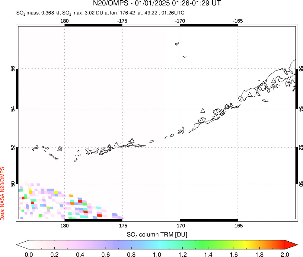 A sulfur dioxide image over Aleutian Islands, Alaska, USA on Jan 01, 2025.