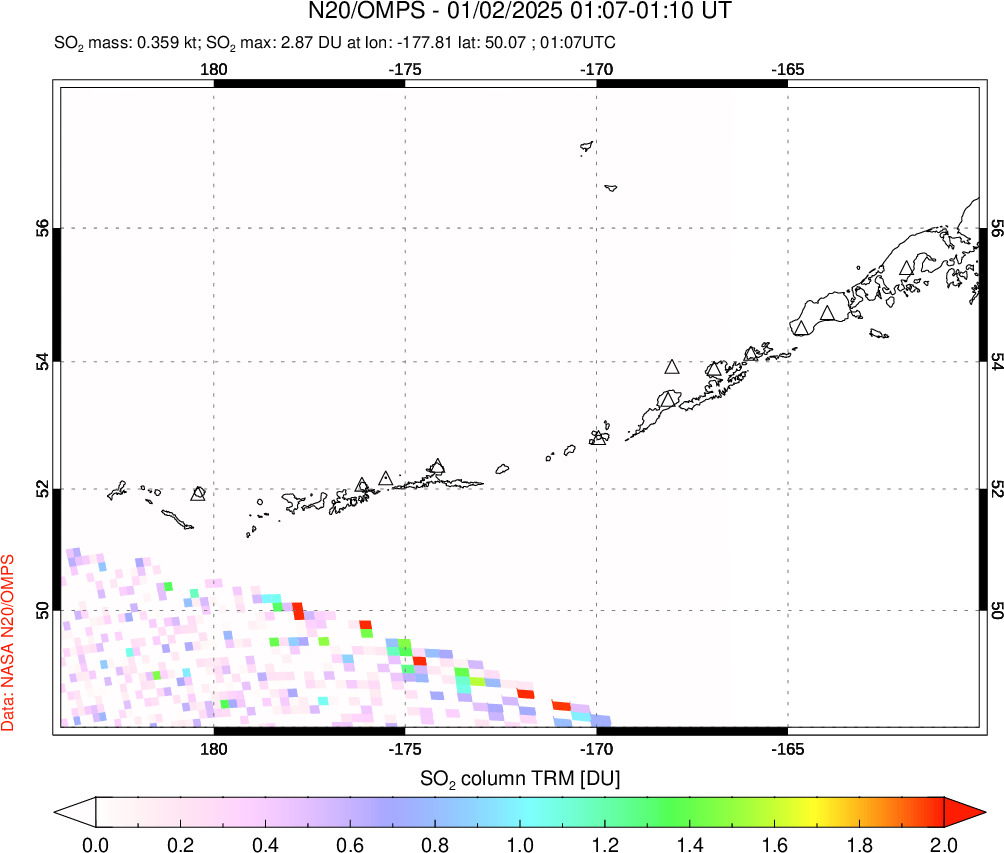 A sulfur dioxide image over Aleutian Islands, Alaska, USA on Jan 02, 2025.