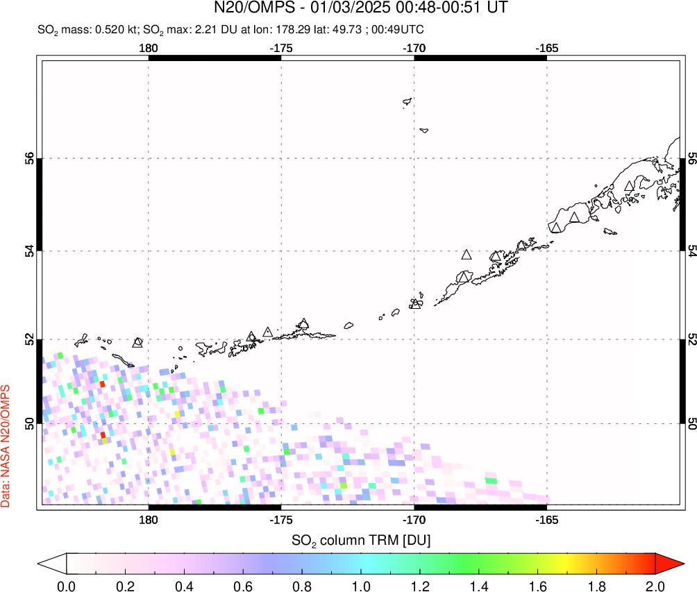 A sulfur dioxide image over Aleutian Islands, Alaska, USA on Jan 03, 2025.