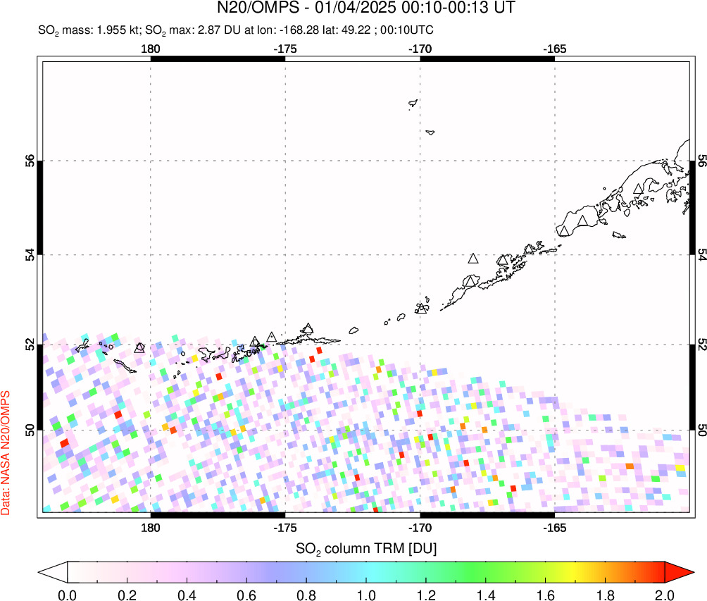 A sulfur dioxide image over Aleutian Islands, Alaska, USA on Jan 04, 2025.