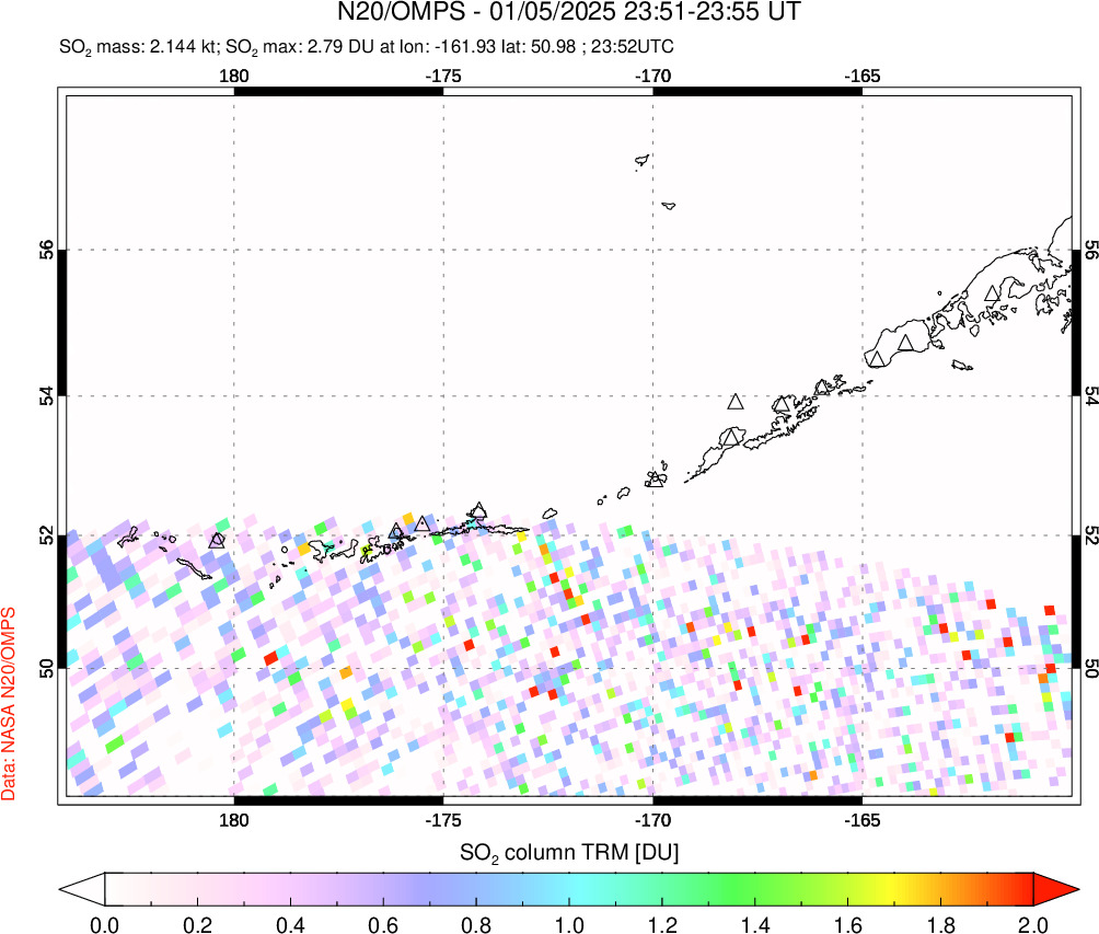 A sulfur dioxide image over Aleutian Islands, Alaska, USA on Jan 05, 2025.