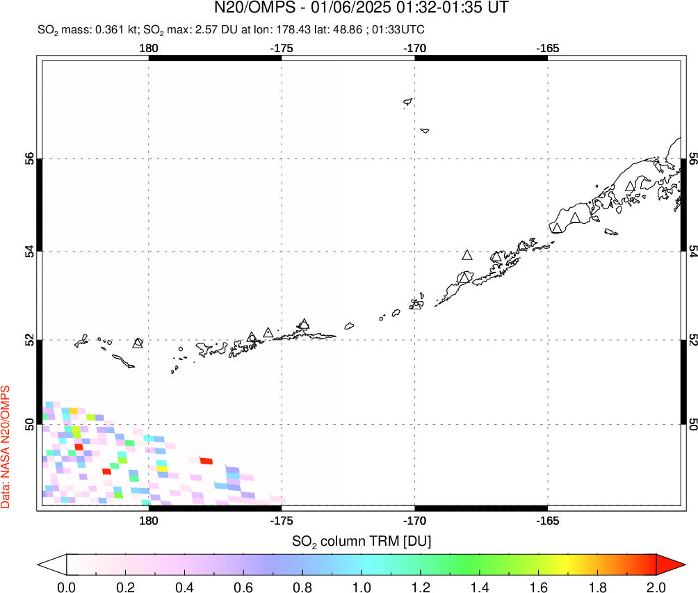 A sulfur dioxide image over Aleutian Islands, Alaska, USA on Jan 06, 2025.