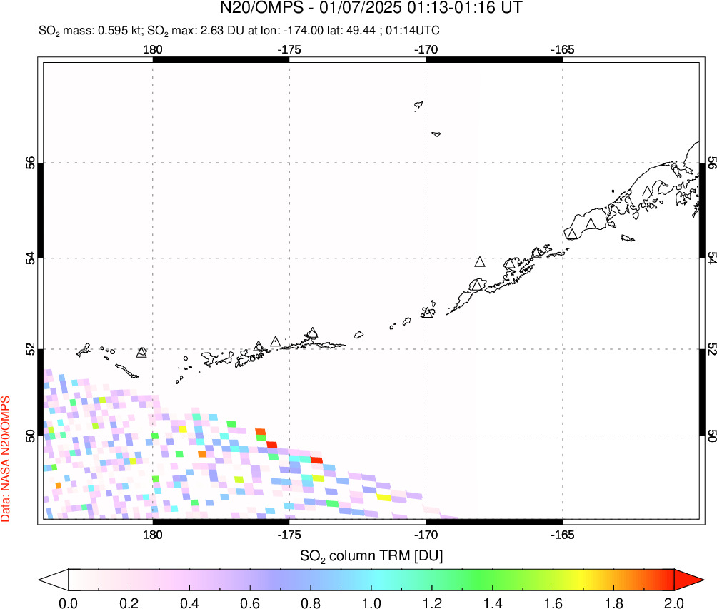 A sulfur dioxide image over Aleutian Islands, Alaska, USA on Jan 07, 2025.