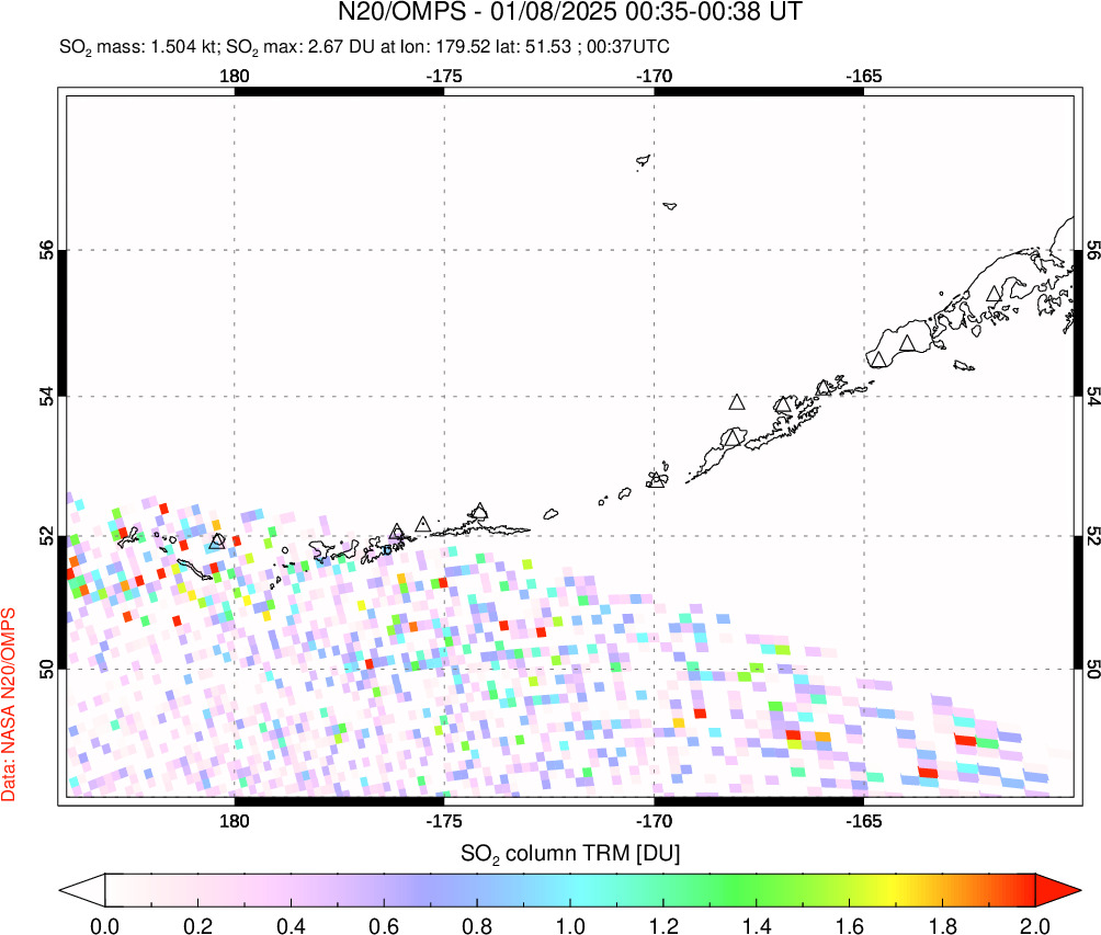 A sulfur dioxide image over Aleutian Islands, Alaska, USA on Jan 08, 2025.