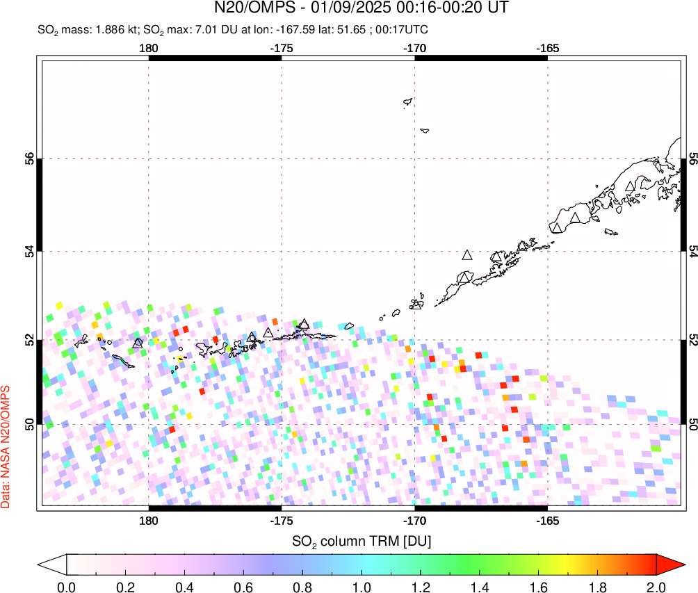 A sulfur dioxide image over Aleutian Islands, Alaska, USA on Jan 09, 2025.