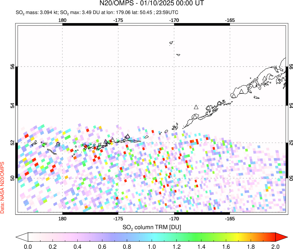 A sulfur dioxide image over Aleutian Islands, Alaska, USA on Jan 10, 2025.