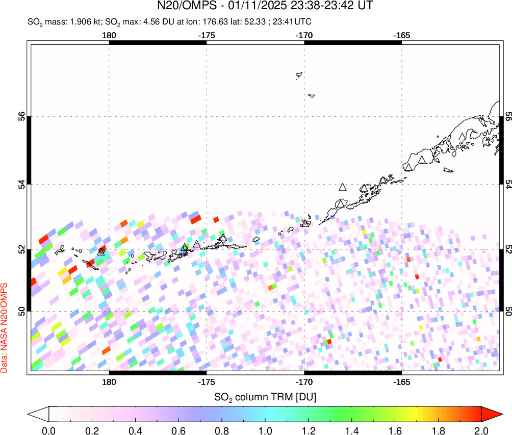 A sulfur dioxide image over Aleutian Islands, Alaska, USA on Jan 11, 2025.