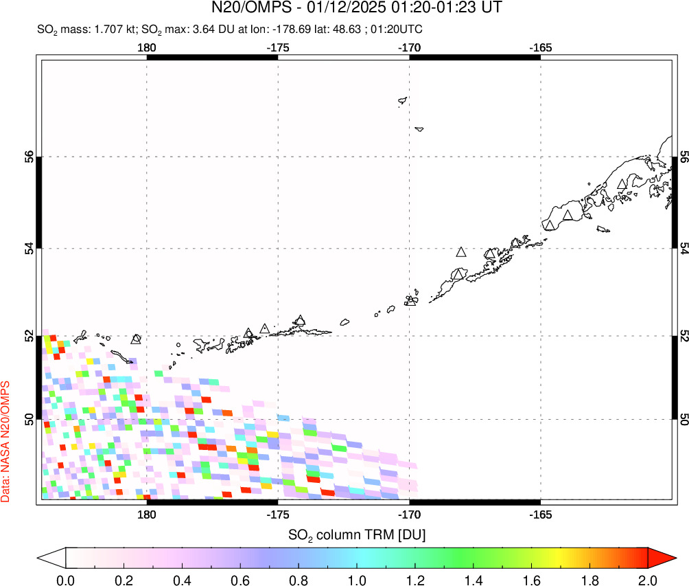 A sulfur dioxide image over Aleutian Islands, Alaska, USA on Jan 12, 2025.