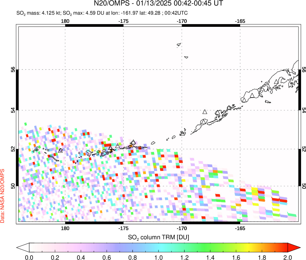 A sulfur dioxide image over Aleutian Islands, Alaska, USA on Jan 13, 2025.