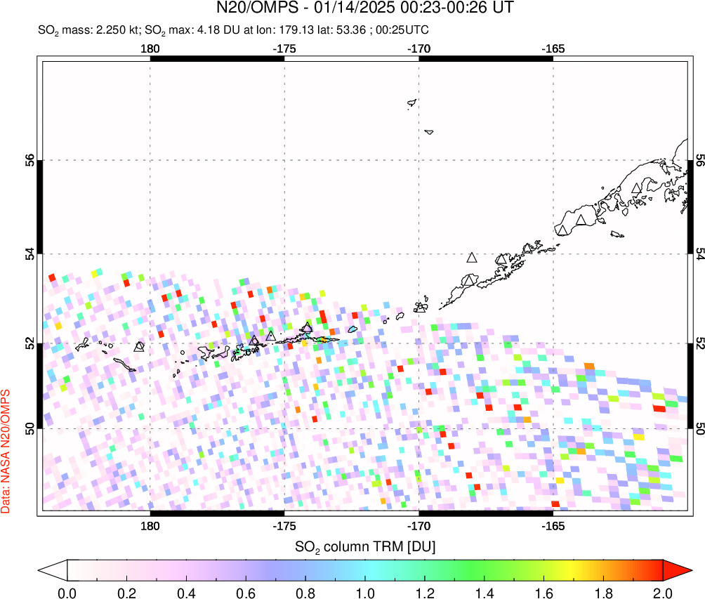 A sulfur dioxide image over Aleutian Islands, Alaska, USA on Jan 14, 2025.