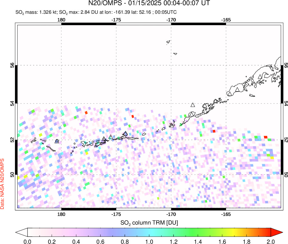 A sulfur dioxide image over Aleutian Islands, Alaska, USA on Jan 15, 2025.