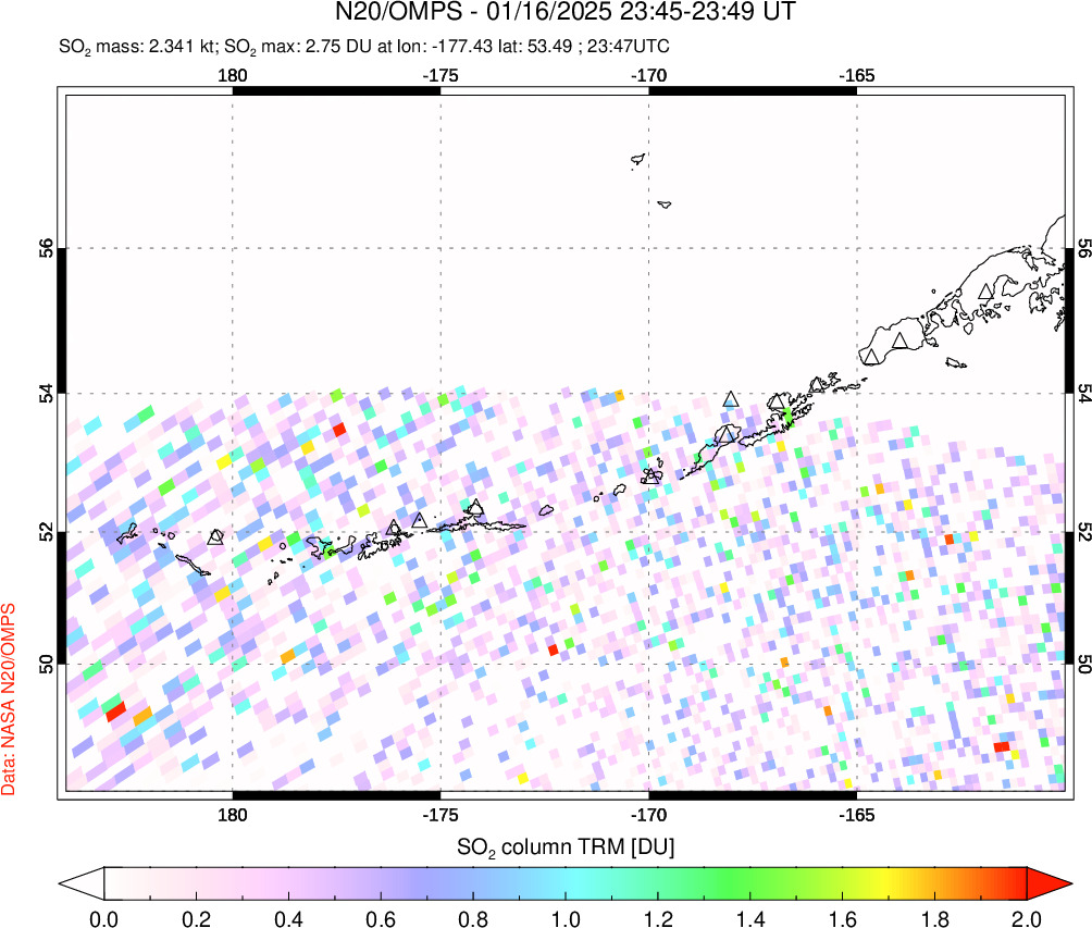 A sulfur dioxide image over Aleutian Islands, Alaska, USA on Jan 16, 2025.