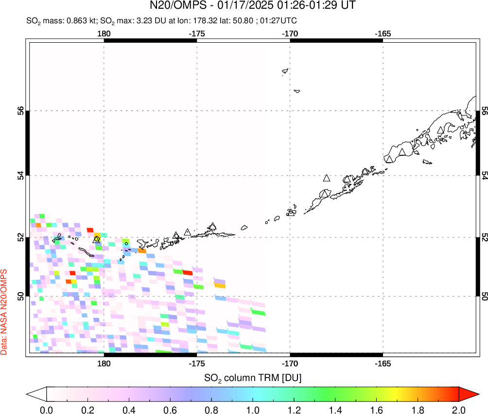 A sulfur dioxide image over Aleutian Islands, Alaska, USA on Jan 17, 2025.